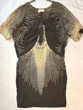 RUTZOU Kimono Sleeve Draped Abstract Dress 10 Beige & Gray Crinkle Art Deco